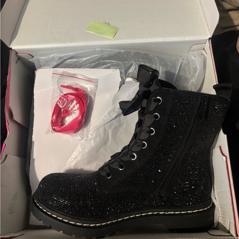 Torrid x Betsey Johnson black rhinestone combat boots